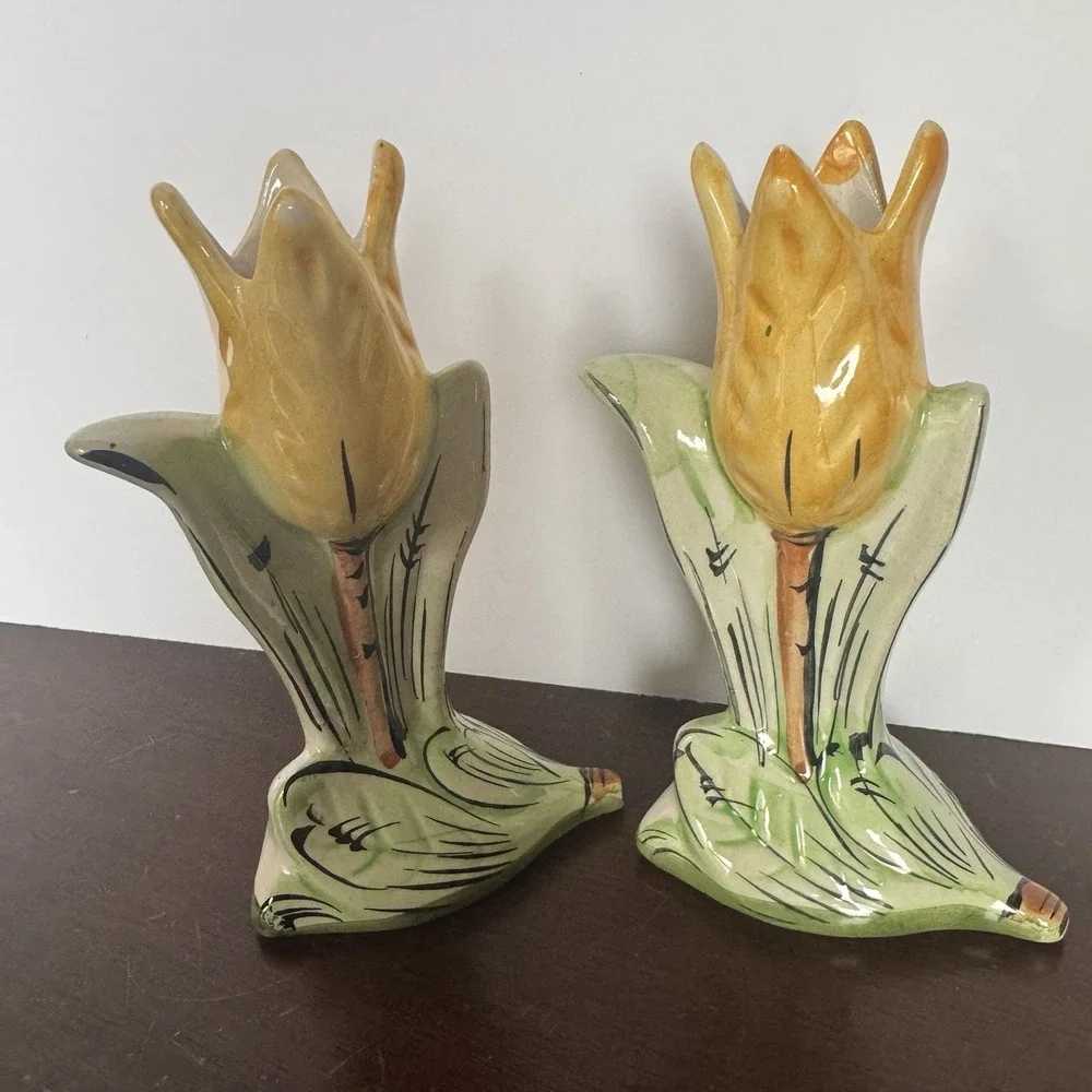 Vintage Ceramic Tulip Candle Holders Pair Made In Portugal MCM Gold Trim